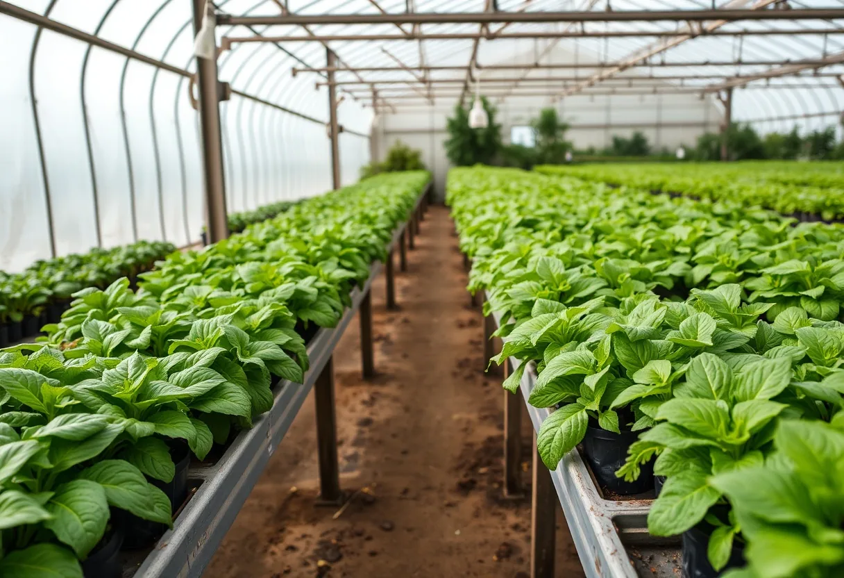 Verduras floreciendo bajo clima controlado