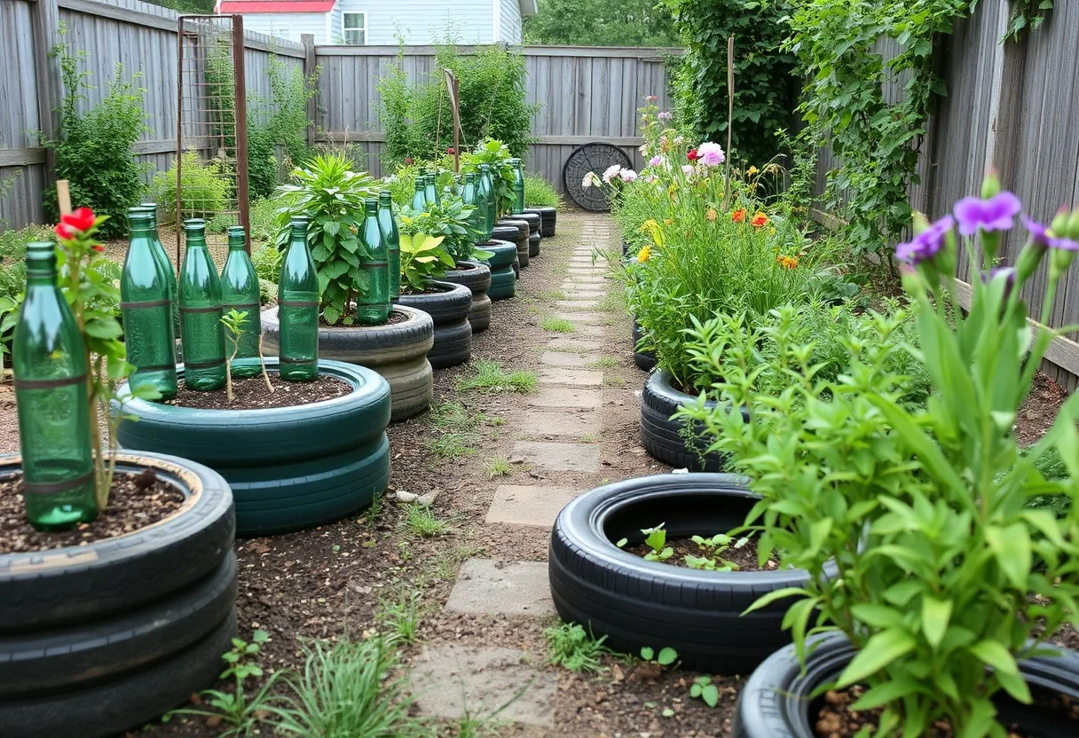 Jardín sostenible con materiales reciclados