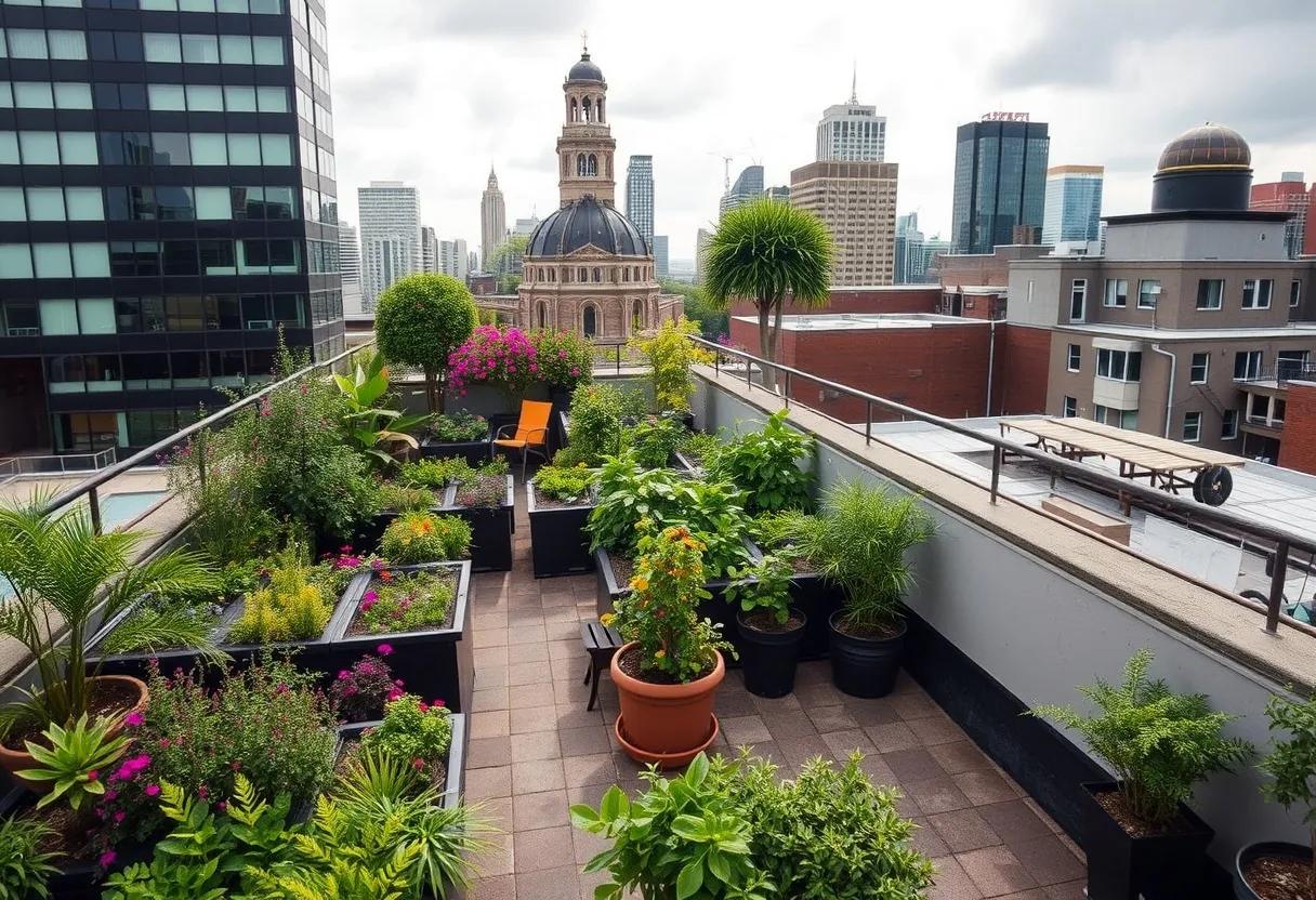 a rooftop garden with lots of potted plants and flowers and a view of the city .