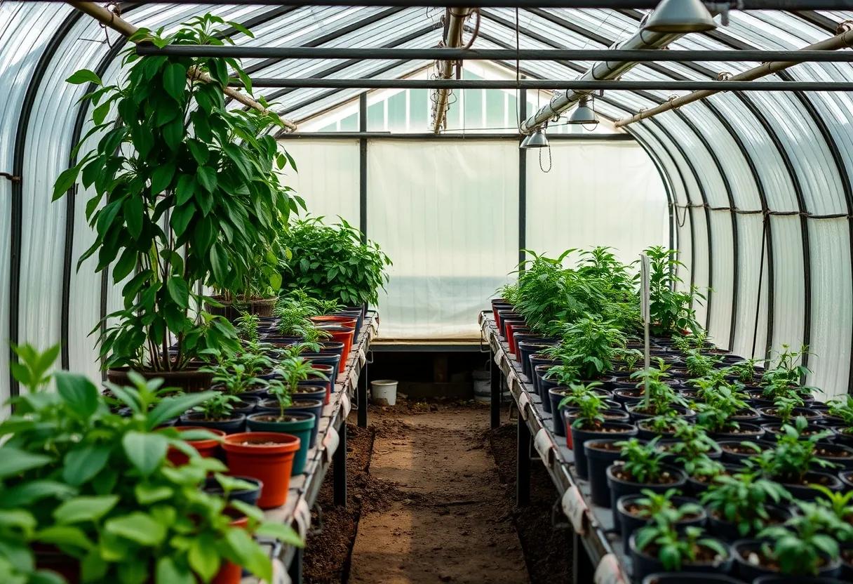 a greenhouse filled with lots of potted plants .