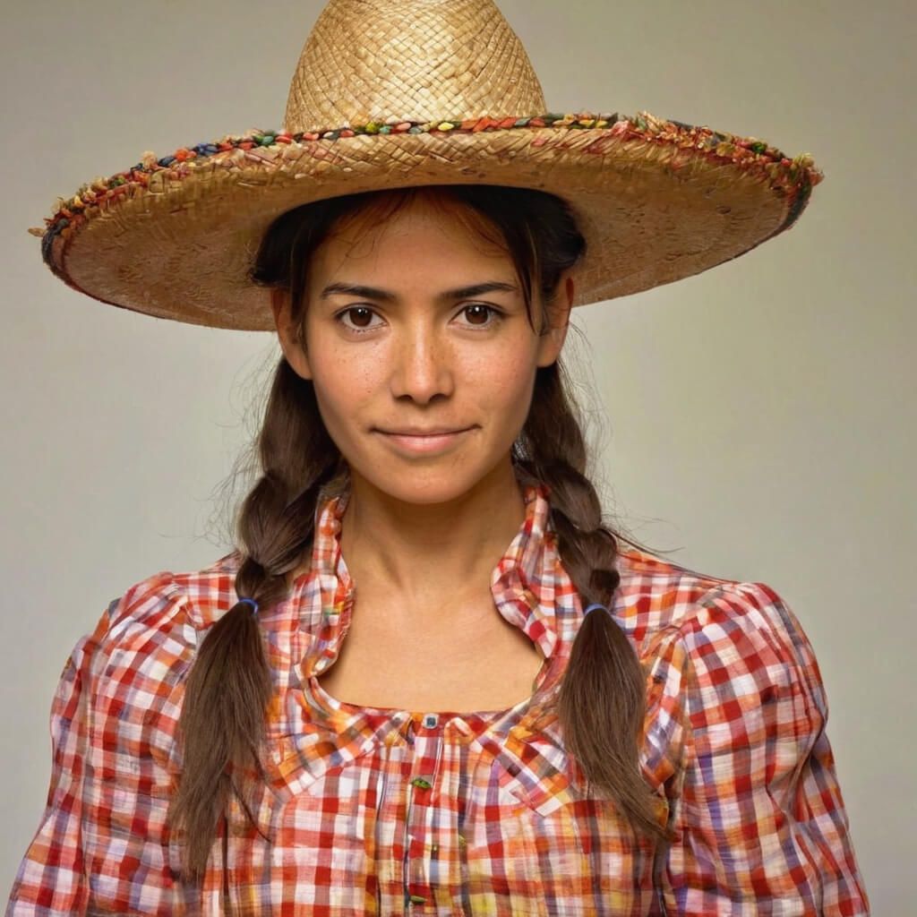 Mujer con sombrero de paja y camisa a cuadros.
