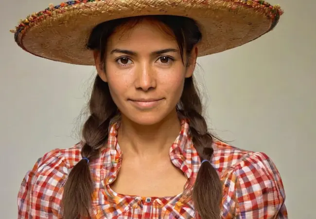 Mujer con sombrero de paja y camisa a cuadros. Mujer con sombrero de paja y camisa a cuadros.