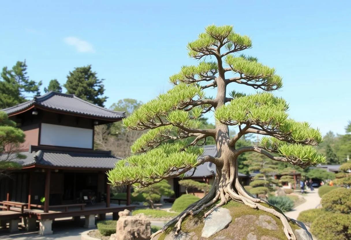 Arte del bonsái en jardín japonés
