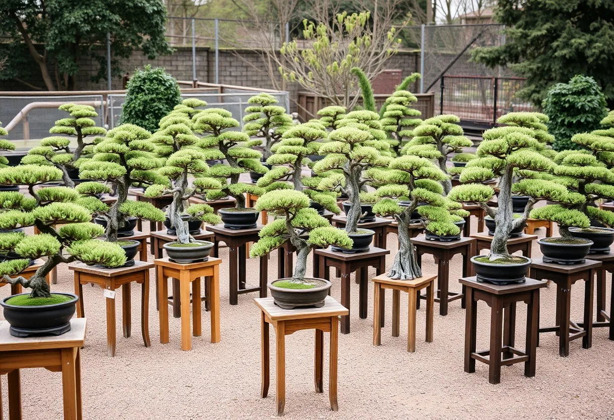 Jardín lleno de encanto con bonsáis
