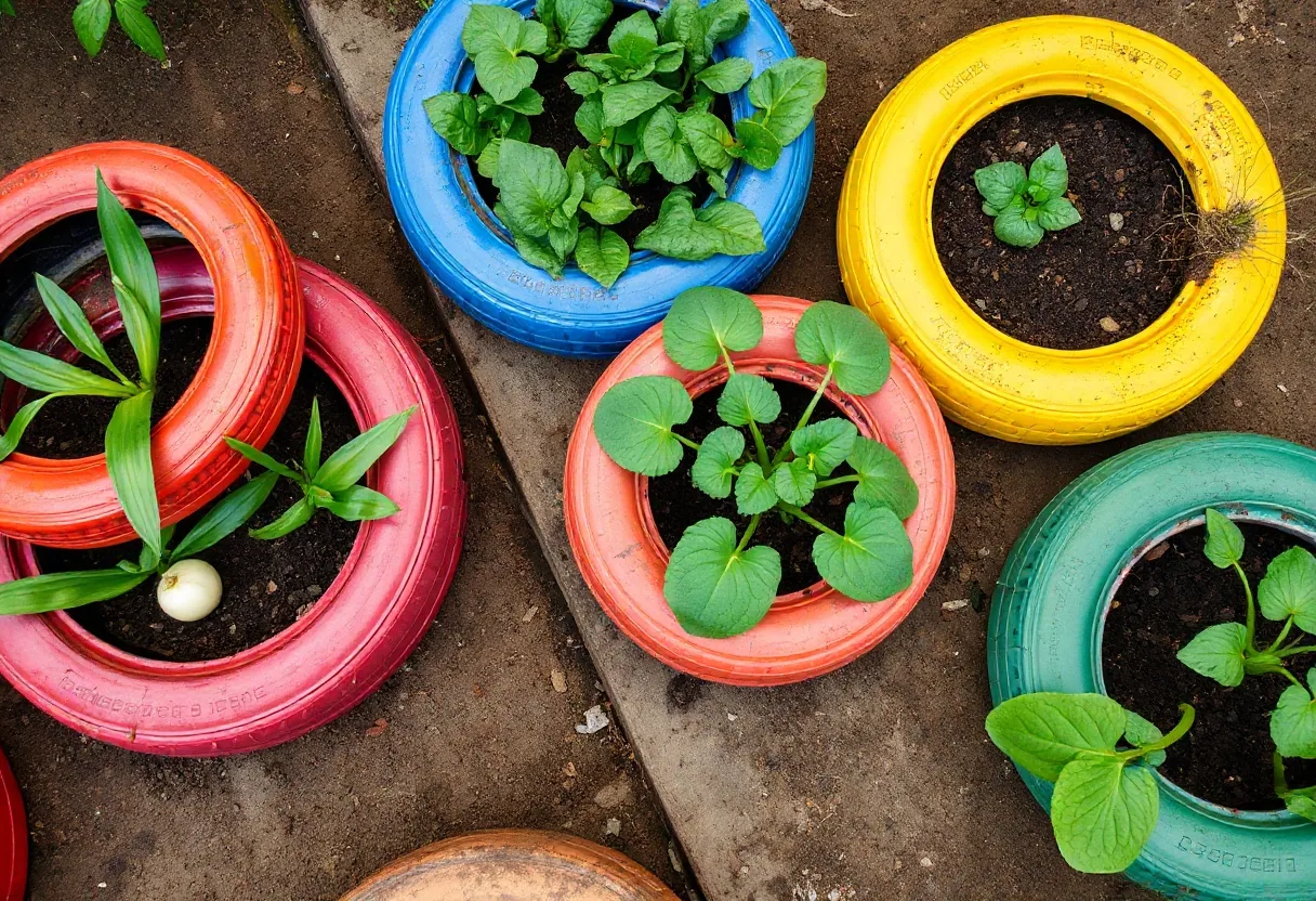 Neumáticos reciclados en huerto creativo